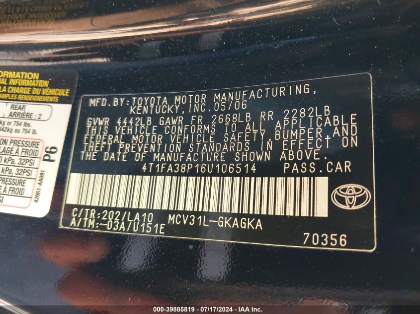 2006 Toyota Camry Solara Sle VIN: 4T1FA38P16U106514 Lot: 39885819