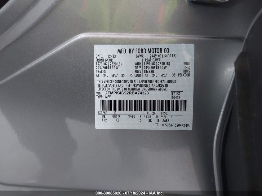 2024 Ford Edge Se VIN: 2FMPK4G92RBA74323 Lot: 39885820