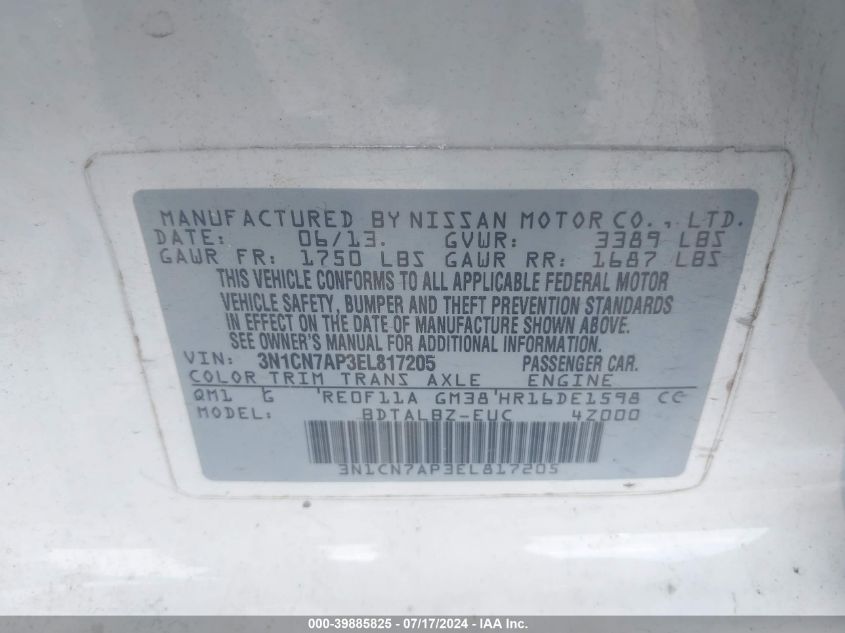 2014 Nissan Versa 1.6 Sv VIN: 3N1CN7AP3EL817205 Lot: 39885825