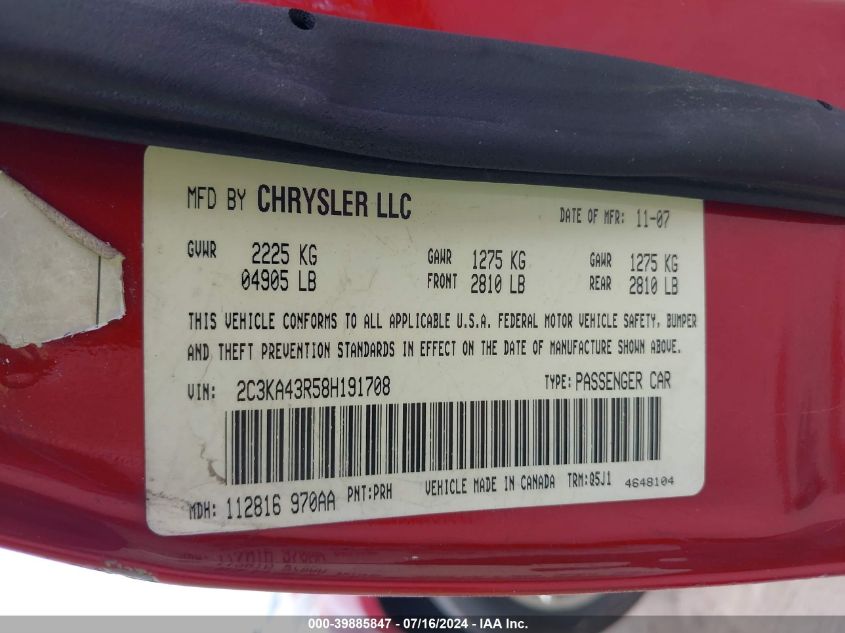 2C3KA43R58H191708 | 2008 CHRYSLER 300