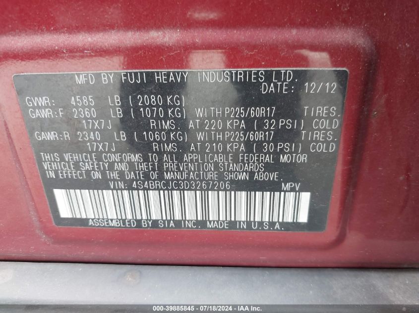 2013 Subaru Outback 2.5I Limited VIN: 4S4BRCJC3D3267206 Lot: 39885845