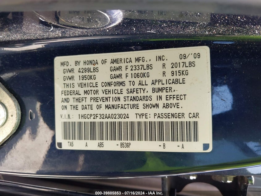 2010 Honda Accord 2.4 Lx VIN: 1HGCP2F32AA023024 Lot: 39885853