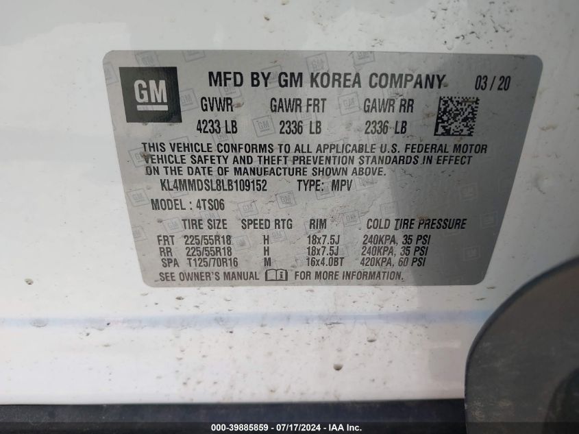 2020 Buick Encore Gx Fwd Select VIN: KL4MMDSL8LB109152 Lot: 39885859