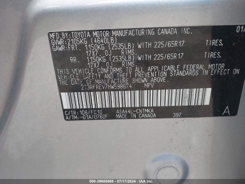 2017 Toyota Rav4 Xle VIN: 2T3RFREV7HW598674 Lot: 39885869