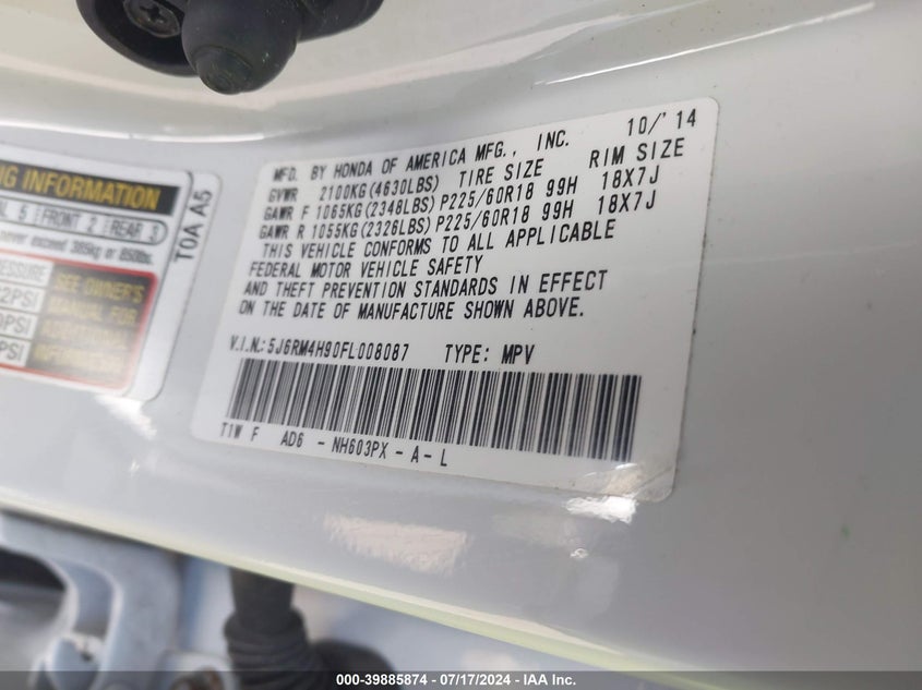2015 HONDA CR-V TOURING - 5J6RM4H90FL008087