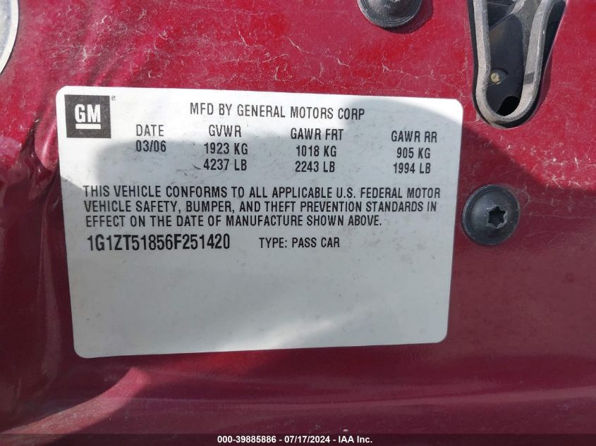 2006 Chevrolet Malibu Lt VIN: 1G1ZT51856F251420 Lot: 39885886