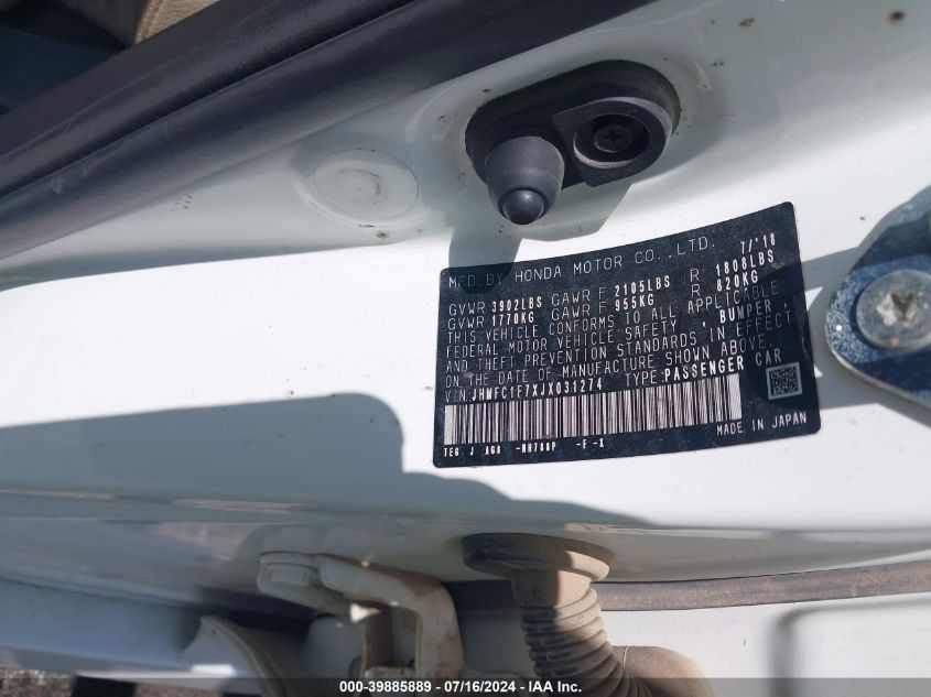 2018 Honda Civic Ex-L VIN: JHMFC1F7XJX031274 Lot: 39885889