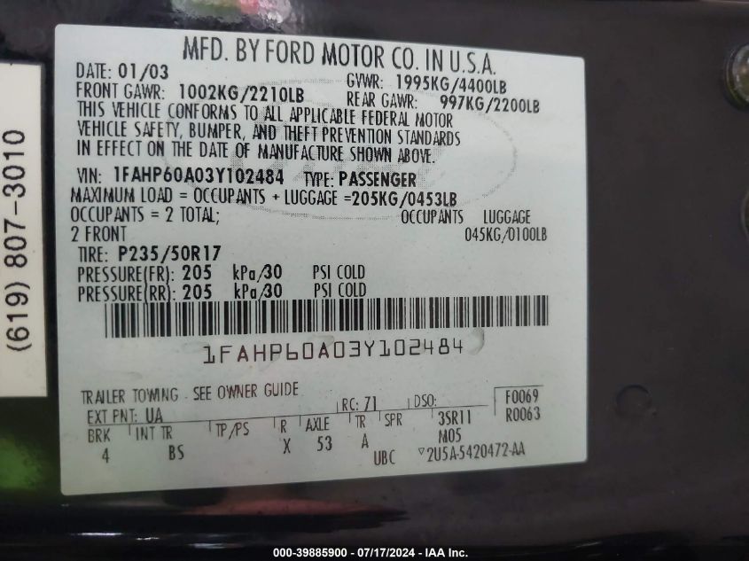 2003 Ford Thunderbird VIN: 1FAHP60A03Y102484 Lot: 39885900