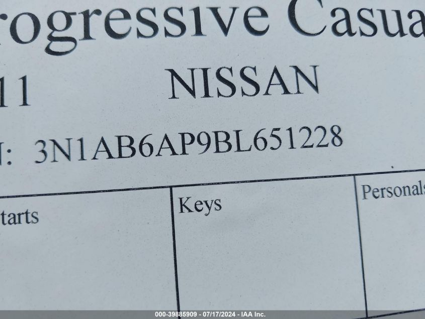 2011 Nissan Sentra 2.0/2.0S/Sr/2.0Sl VIN: 3N1AB6AP9BL651228 Lot: 39885909