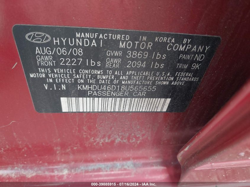 KMHDU46D18U565655 | 2008 HYUNDAI ELANTRA