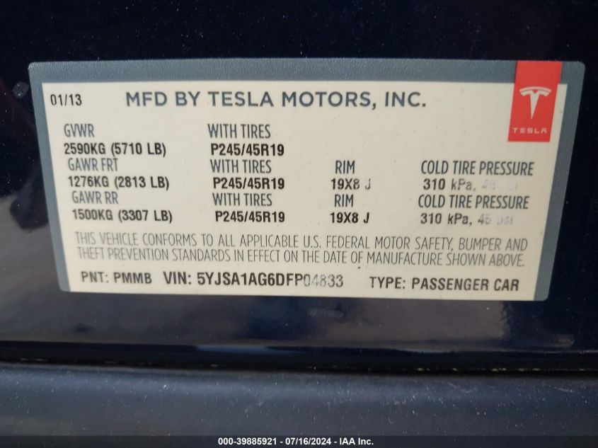 5YJSA1AG6DFP04833 2013 Tesla Model S