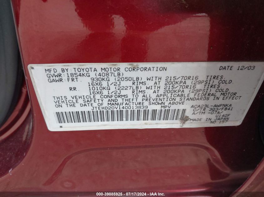 2004 Toyota Rav4 VIN: JTEHD20V140013839 Lot: 39885925
