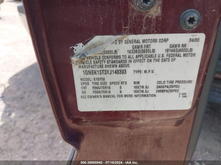 2000 Chevrolet Tahoe K1500 VIN: 1GNEK13T3YJ148393 Lot: 39885940