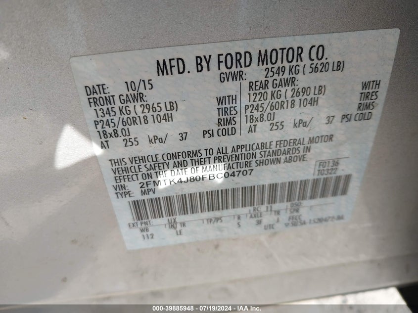 2015 Ford Edge Sel VIN: 2FMTK4J80FBC04707 Lot: 39885948