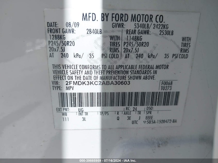 2010 Ford Edge Limited VIN: 2FMDK3KC2ABA30603 Lot: 39885959