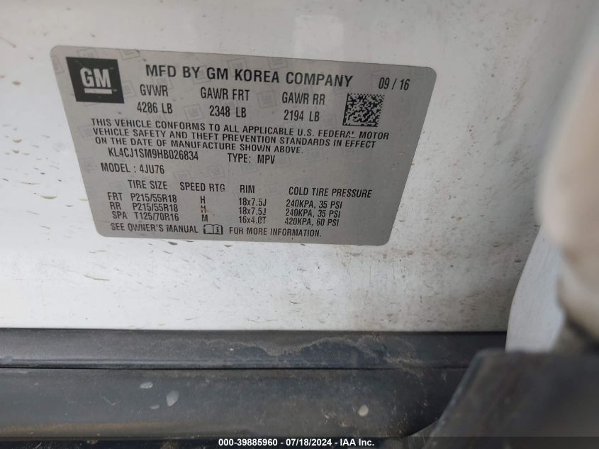 2017 Buick Encore Sport Touring VIN: KL4CJ1SM9HB026834 Lot: 39885960