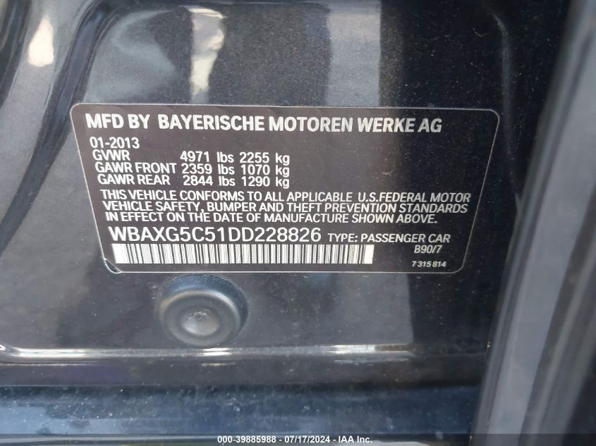 2013 BMW 528I I VIN: WBAXG5C51DD228826 Lot: 39885988