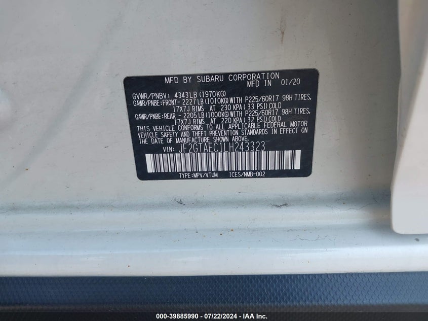 VIN JF2GTAEC1LH243323 2020 SUBARU CROSSTREK PREMIUM