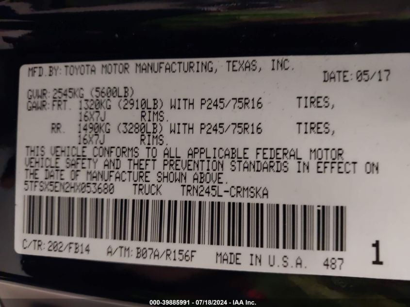2017 Toyota Tacoma Access Cab/Sr/Sr5 VIN: 5TFSX5EN2HX053680 Lot: 39885991