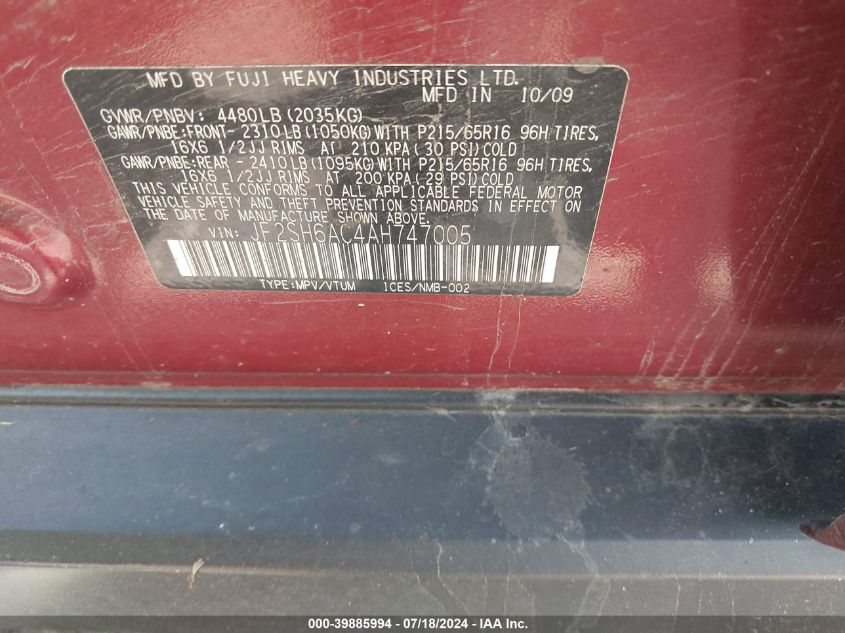 2010 Subaru Forester 2.5X VIN: JF2SH6AC4AH747005 Lot: 39885994