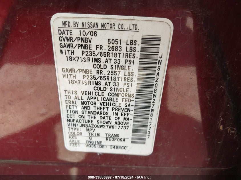 2007 Nissan Murano Se VIN: JN8AZ08W27W617737 Lot: 39885997