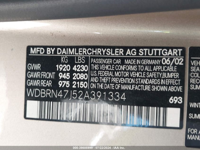 2002 Mercedes-Benz C 230 VIN: WDBRN47J52A391334 Lot: 39885999