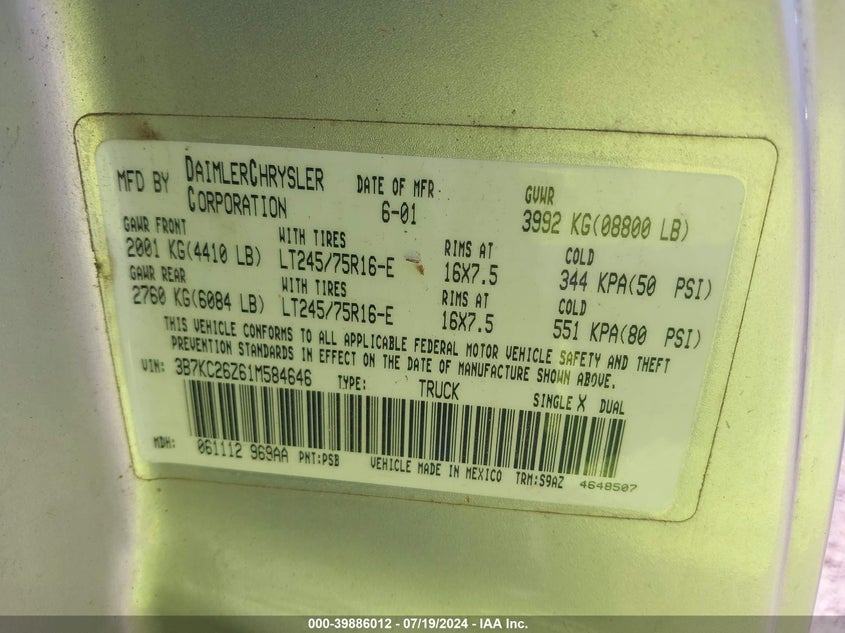 2001 Dodge Ram 2500 St VIN: 3B7KC26Z61M584646 Lot: 39886012