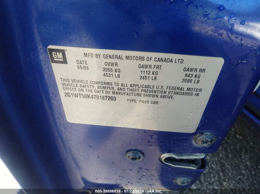 2007 Chevrolet Impala Lt VIN: 2G1WT58K479187269 Lot: 39886018