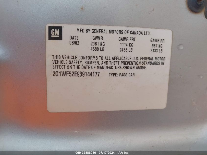 2003 Chevrolet Impala VIN: 2G1WF52E939144177 Lot: 39886030