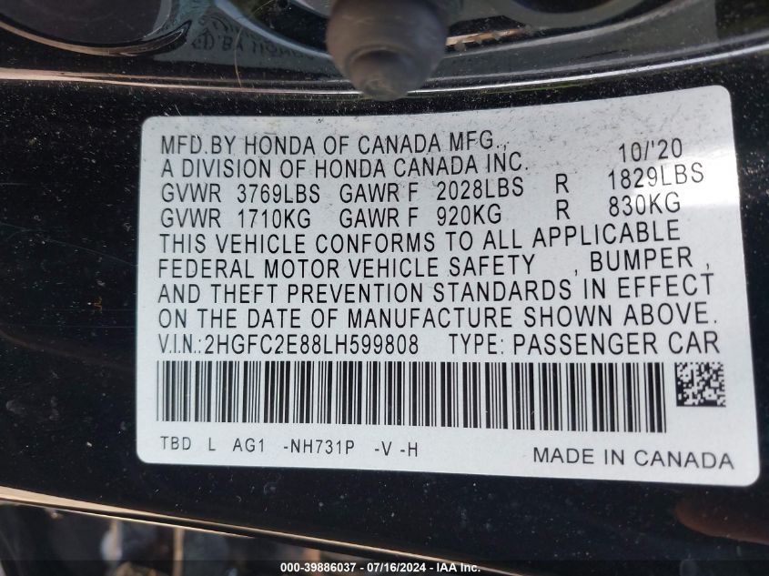 2020 Honda Civic Sport VIN: 2HGFC2E88LH599808 Lot: 39886037