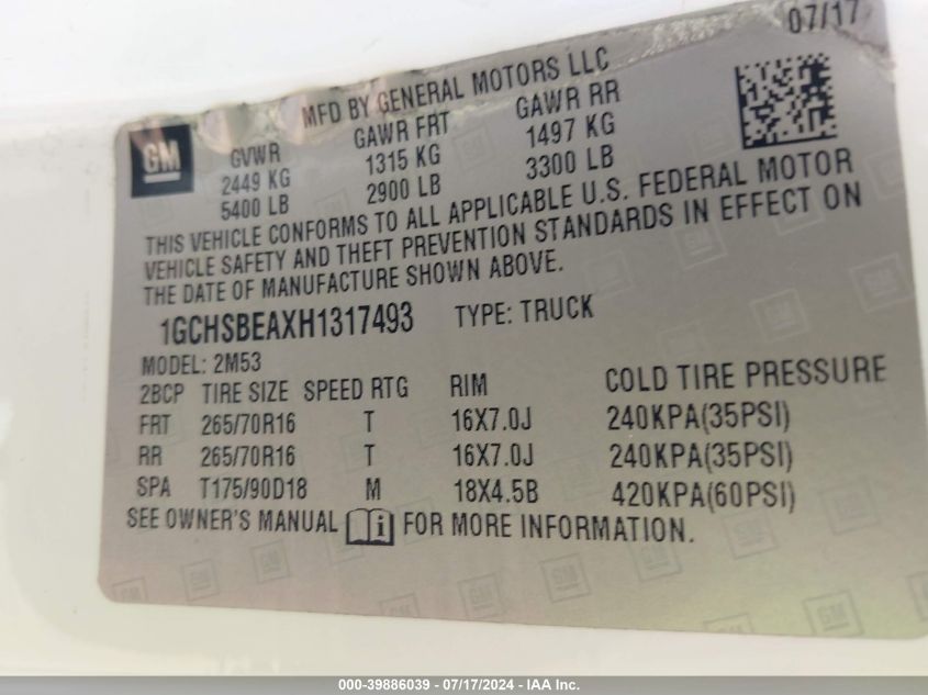 2017 Chevrolet Colorado VIN: 1GCHSBEAXH1317493 Lot: 39886039