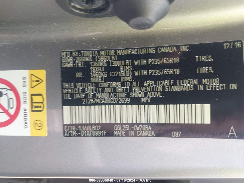 2017 Lexus Rx 350 VIN: 2T2BZMCAXHC072699 Lot: 39886040