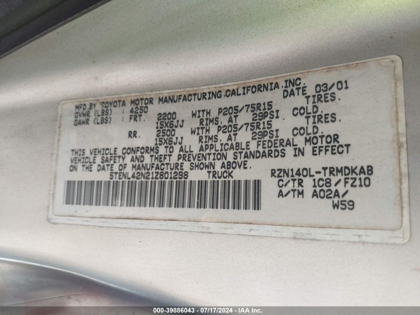 2001 Toyota Tacoma VIN: 5TENL42N21Z801298 Lot: 39886043