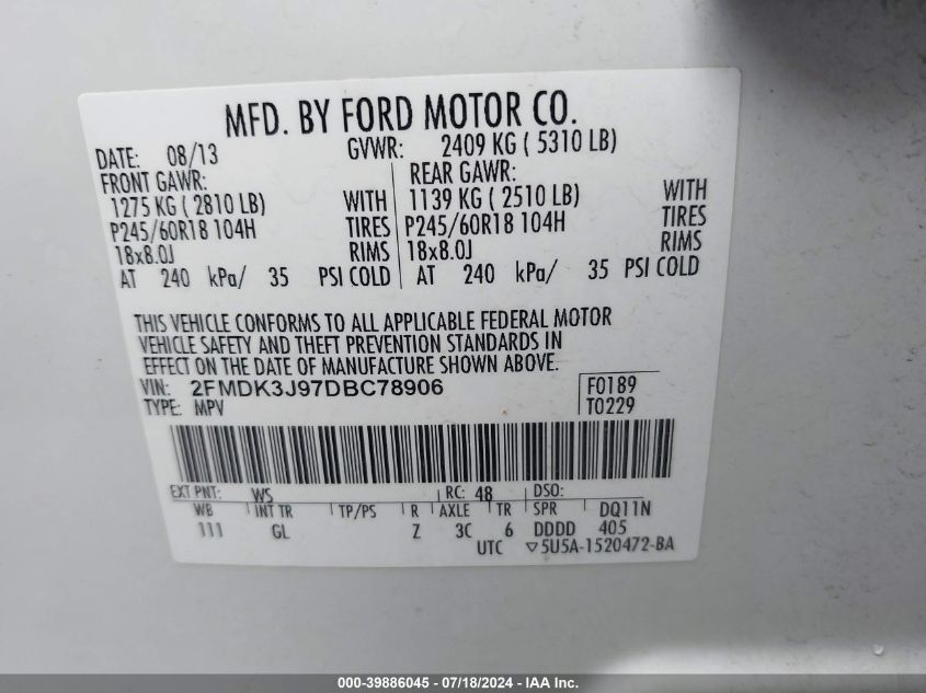 2013 Ford Edge Sel VIN: 2FMDK3J97DBC78906 Lot: 39886045