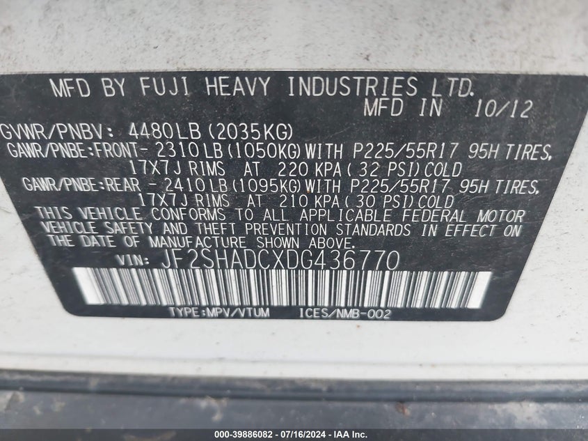 2013 Subaru Forester 2.5X Premium VIN: JF2SHADCXDG436770 Lot: 39886082