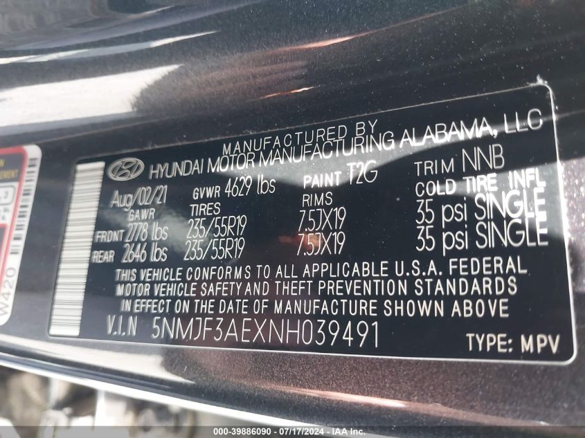 2022 Hyundai Tucson Sel VIN: 5NMJF3AEXNH039491 Lot: 39886090