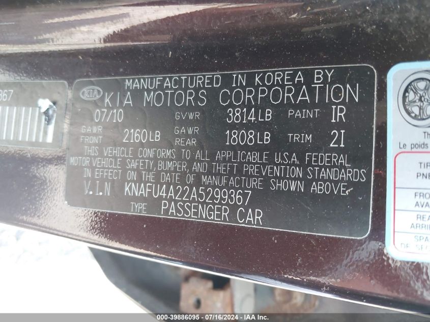 2010 Kia Forte Ex VIN: KNAFU4A22A5299367 Lot: 39886095