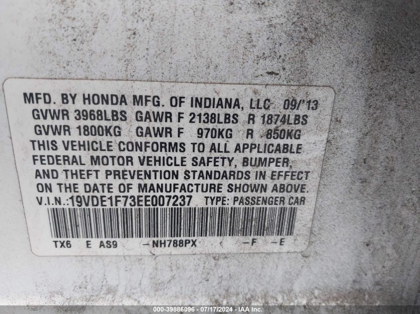 2014 Acura Ilx 20 Tech VIN: 19VDE1F73EE007237 Lot: 39886096