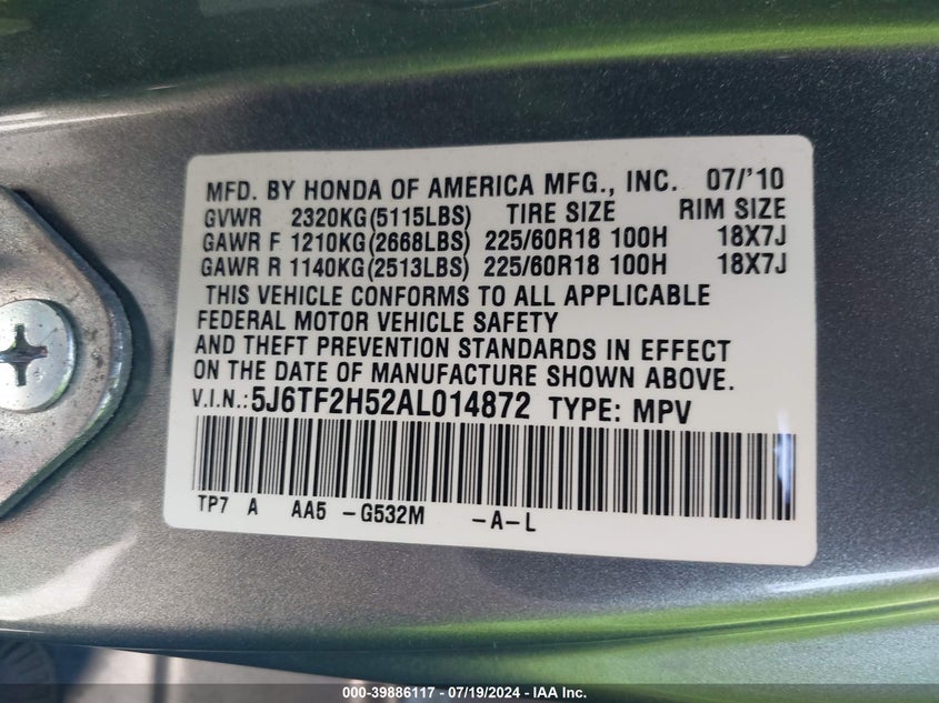 2010 Honda Accord Crosstour Ex-L VIN: 5J6TF2H52AL014872 Lot: 39886117