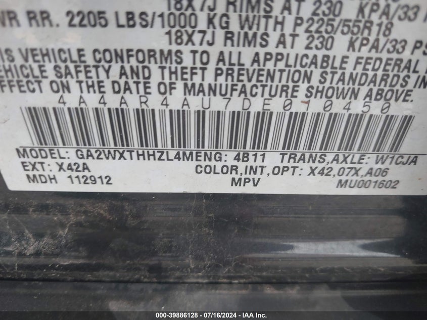 2013 Mitsubishi Outlander Sport Se VIN: 4A4AR4AU7DE010450 Lot: 39886128