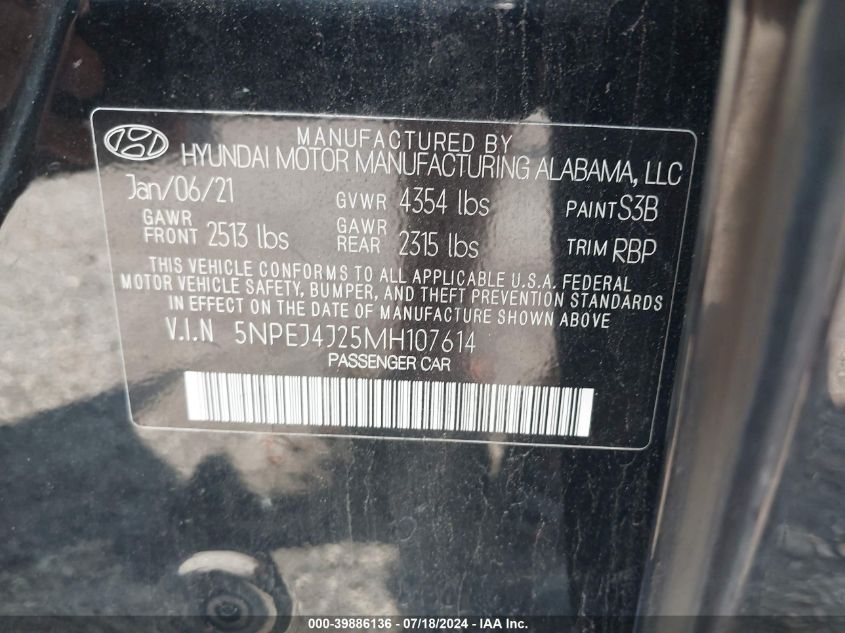 5NPEJ4J25MH107614 2021 Hyundai Sonata Sel Plus