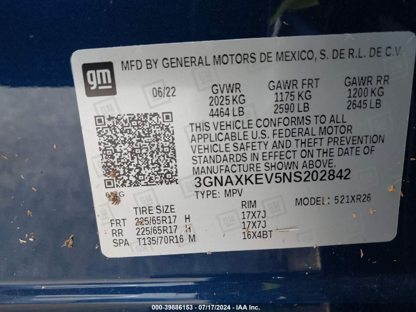 2022 Chevrolet Equinox Fwd Lt VIN: 3GNAXKEV5NS202842 Lot: 39886153