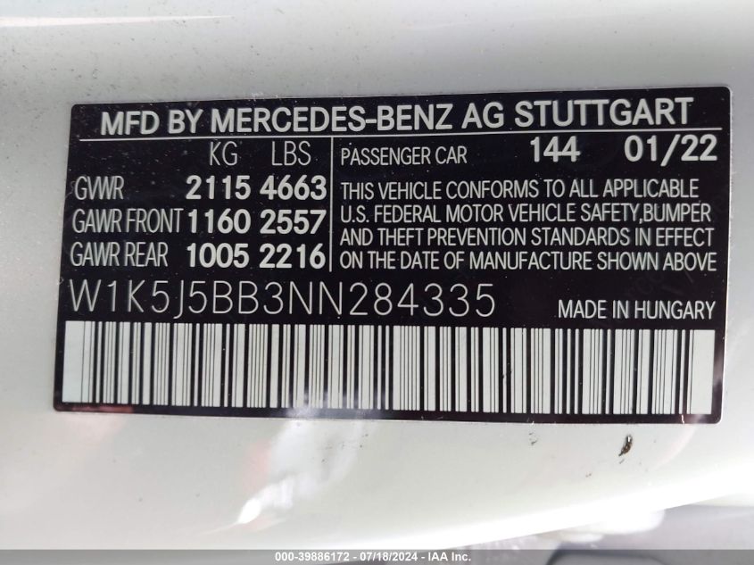 W1K5J5BB3NN284335 2022 Mercedes-Benz Amg Cla 35 4Matic