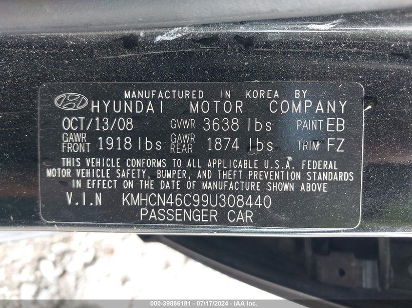 2009 Hyundai Accent Gls VIN: KMHCN46C99U308440 Lot: 39886181