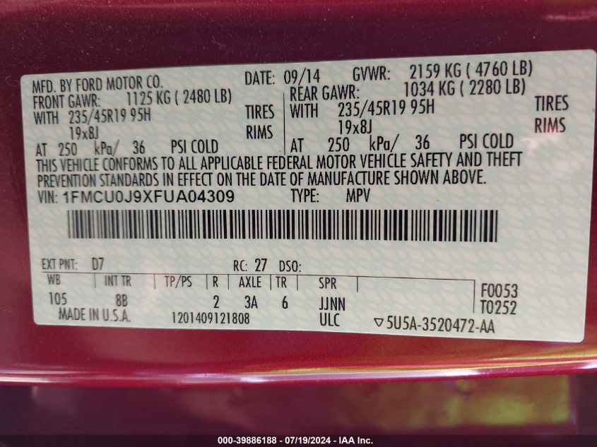 2015 Ford Escape Titanium VIN: 1FMCU0J9XFUA04309 Lot: 39886188