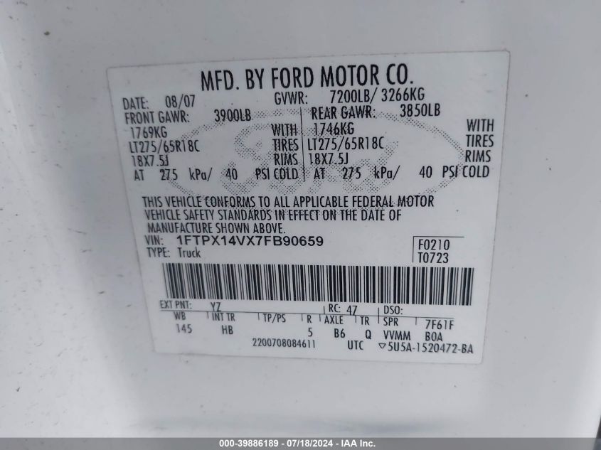 2007 Ford F150 VIN: 1FTPX14VX7FB90659 Lot: 39886189