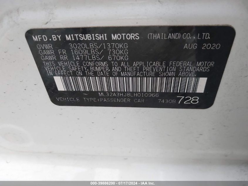 2020 Mitsubishi Mirage Es VIN: ML32A3HJ8LH010966 Lot: 39886200