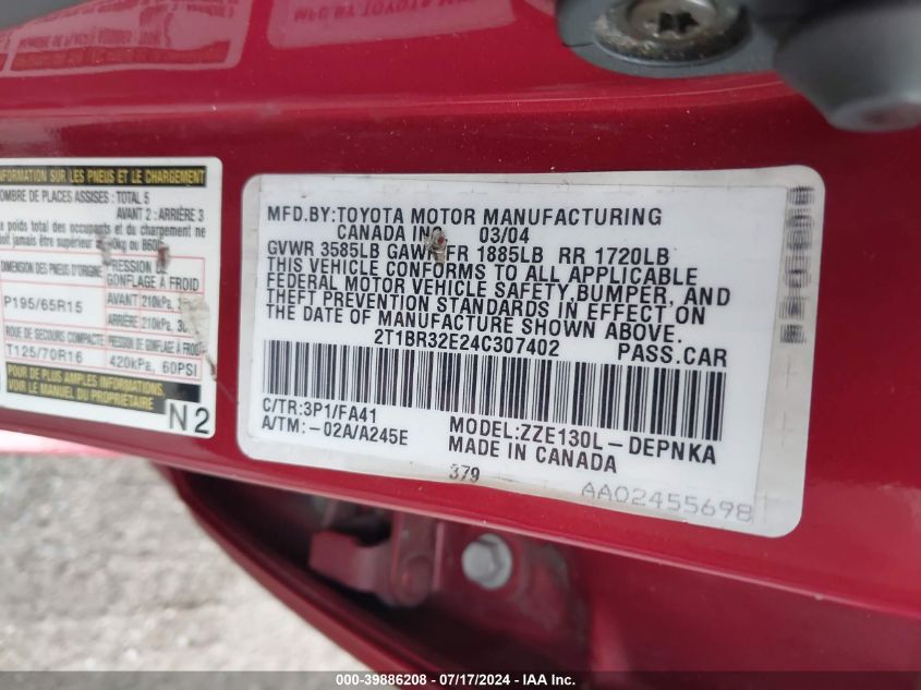 2004 Toyota Corolla Le VIN: 2T1BR32E24C307402 Lot: 39886208