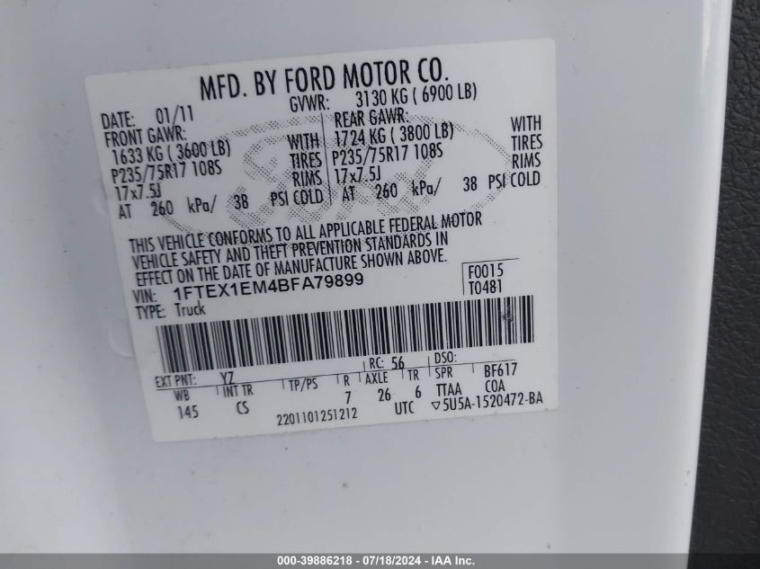 2011 Ford F150 Super Cab VIN: 1FTEX1EM4BFA79899 Lot: 39886218