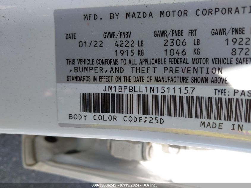 JM1BPBLL1N1511157 2022 Mazda Mazda3 Preferred